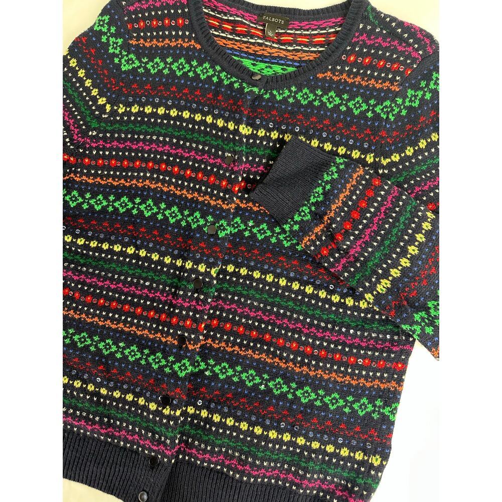 Talbots Fair Isle Lambswool Sequin Knit Cardigan Sweater Size L Eclectic Nordic